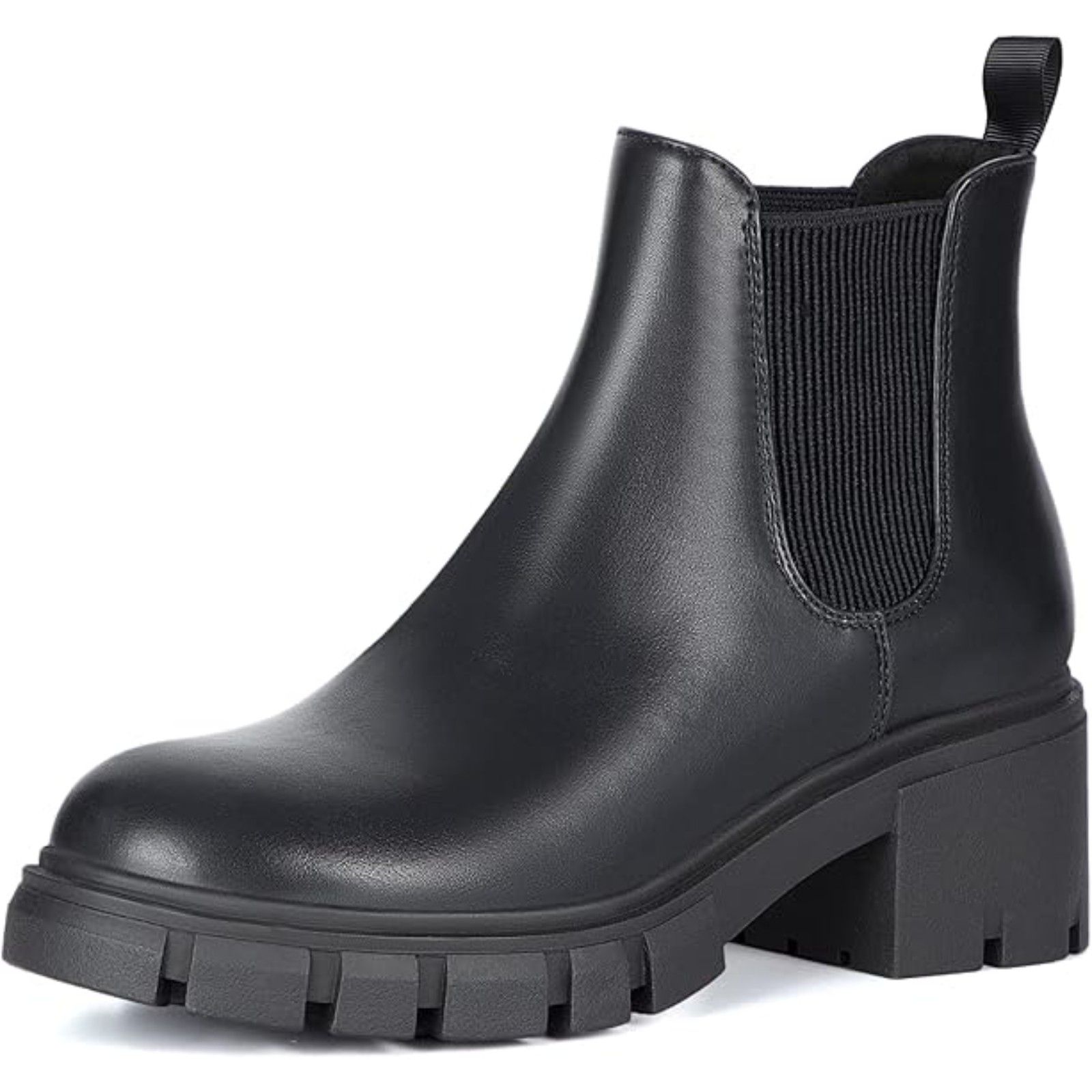 Women's Black Lug Sole Chunky Heel Slip On Elastic Ankle Chelsea Booties